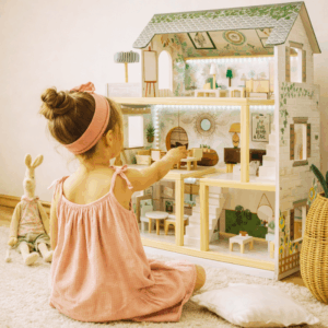 Domek dla lalek drewniany w stylu boho - 3-poziomowy z mebelkami, 78 cm