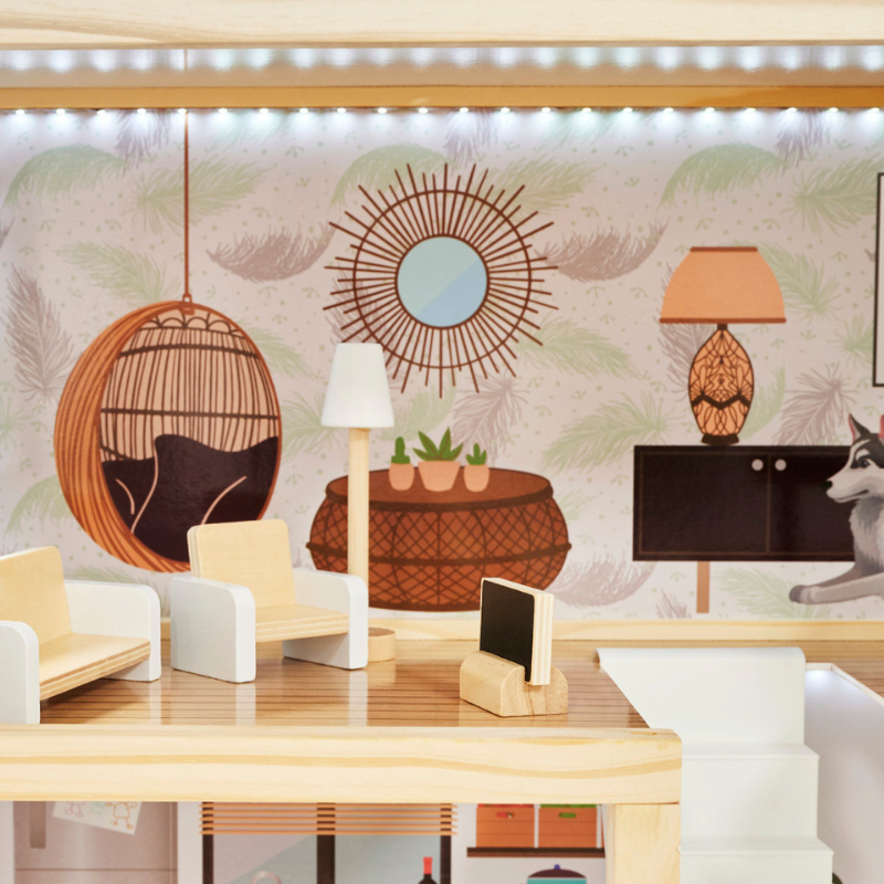 Domek dla lalek drewniany w stylu boho - 3-poziomowy z mebelkami, 78 cm - Image 4