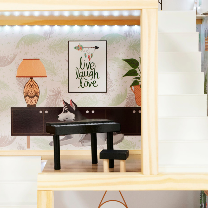 Domek dla lalek drewniany w stylu boho - 3-poziomowy z mebelkami, 78 cm - Image 5