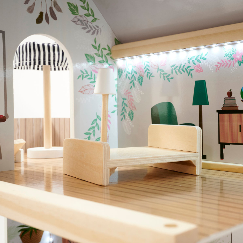 Domek dla lalek drewniany w stylu boho - 3-poziomowy z mebelkami, 78 cm - Image 6